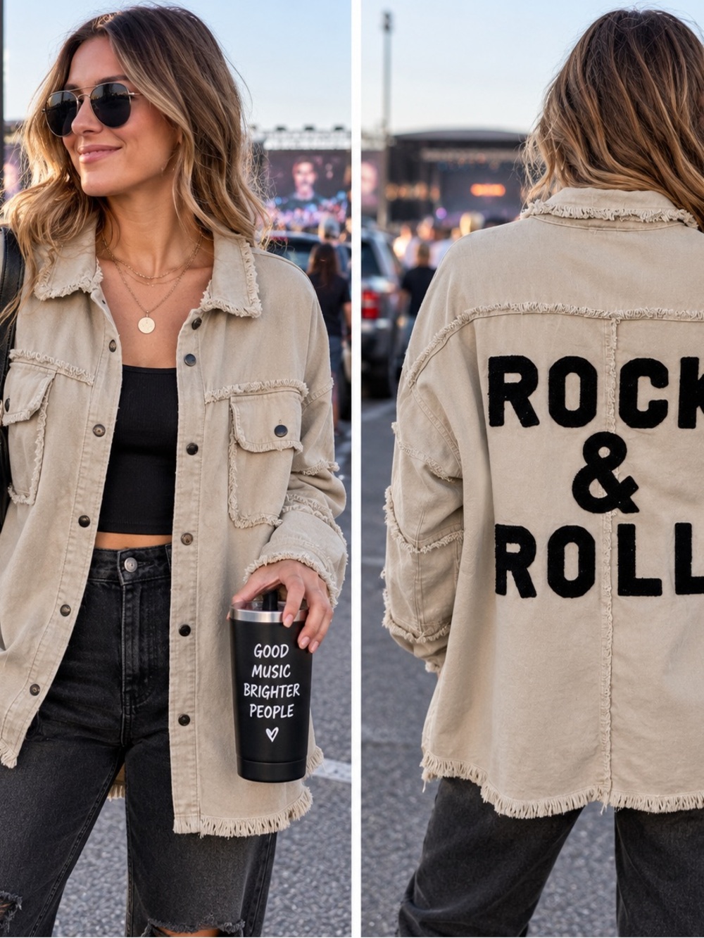 Beige Frayed Oversized Shacket Women Rock & Roll Concert wear